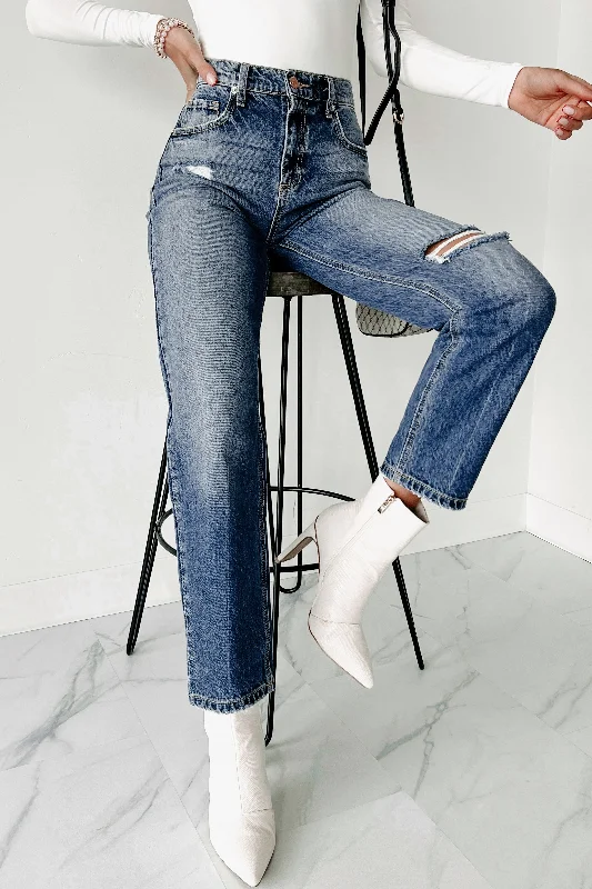 Into It Distressed High Rise 90s Straight Leg Jeans (Medium Dark)