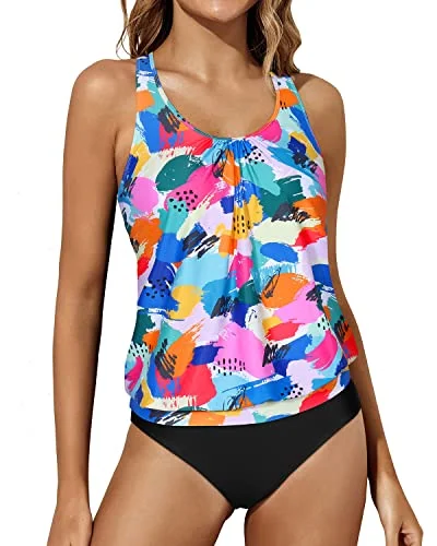 Loose Fit Racerback Tank Tops Bottoms Blouson Swimwear-Color Block