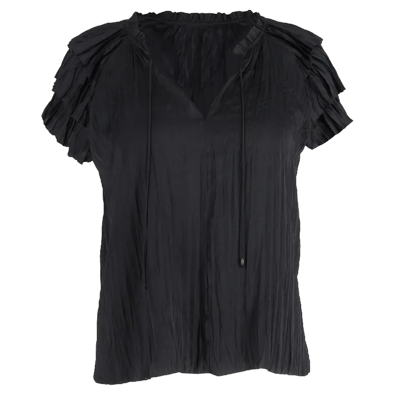 Ulla Johnson Pleated Ruffled Short Sleeve Blouse in Black Polyester