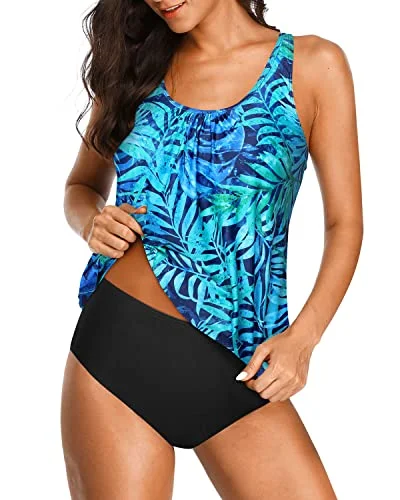 Comfortable Women's Blouson Tankini Swimsuits No Show Cleavage-Dark Blue Green Leaves