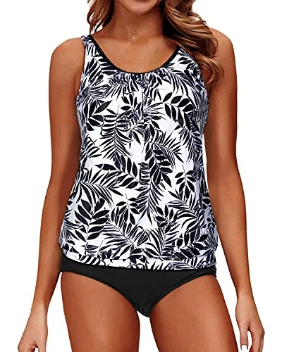 Women's Athletic Blouson Tankini Swimsuit Sports Bra-Black Leaves