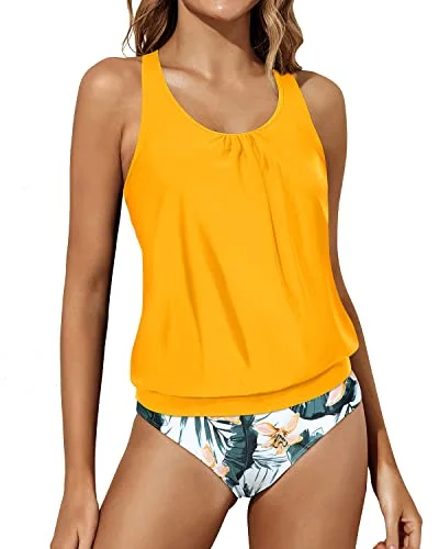 Racerback Tank Tops Bottoms Two Piece Swimsuit Blouson Swimwear-Yellow Flowers