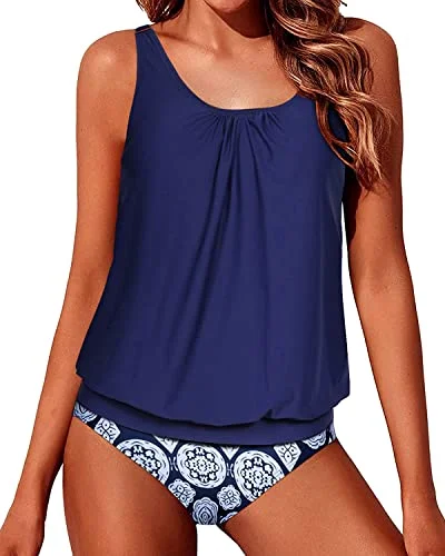 Tummy Control Loose Fit Tankini Bathing Suits For Women-Navy Blue Tribal