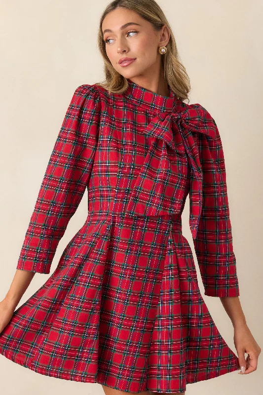 A Perfect Balance 100% Cotton Red Plaid Bow Mini Dress