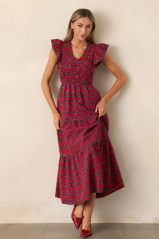 A Place To Be 100% Cotton Red Plaid Midi Dress