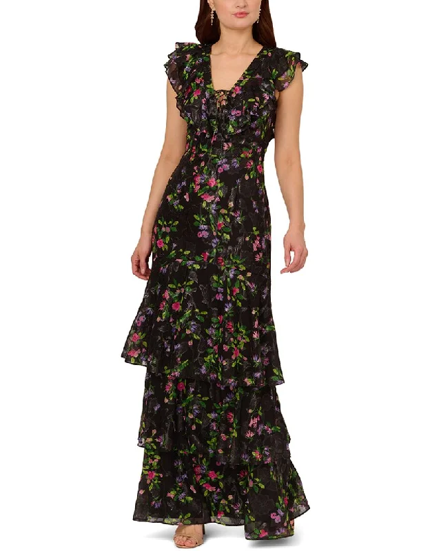 Adrianna Papell Flutter Tiered Chiffon Gown