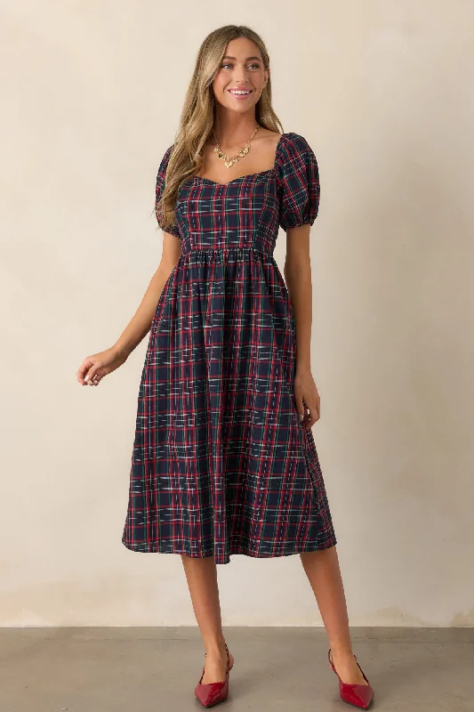 Always You 100% Cotton Navy Plaid Puff Sleeve Midi Dress