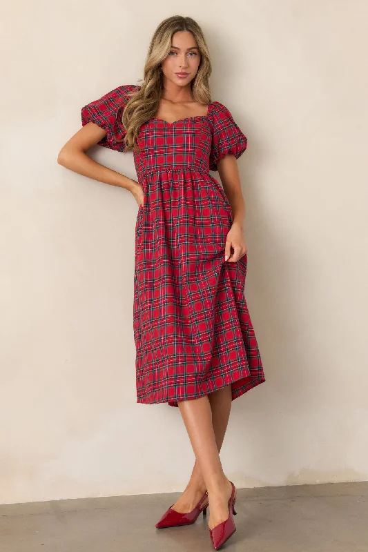 Always You 100% Cotton Red Plaid Puff Sleeve Midi Dress