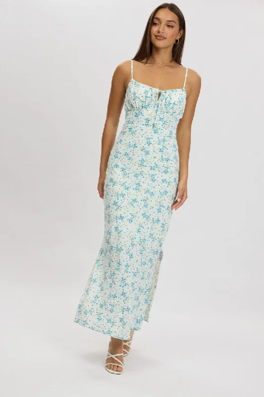 Blue Floral Midi Dress Gathering Bust Sleeveless