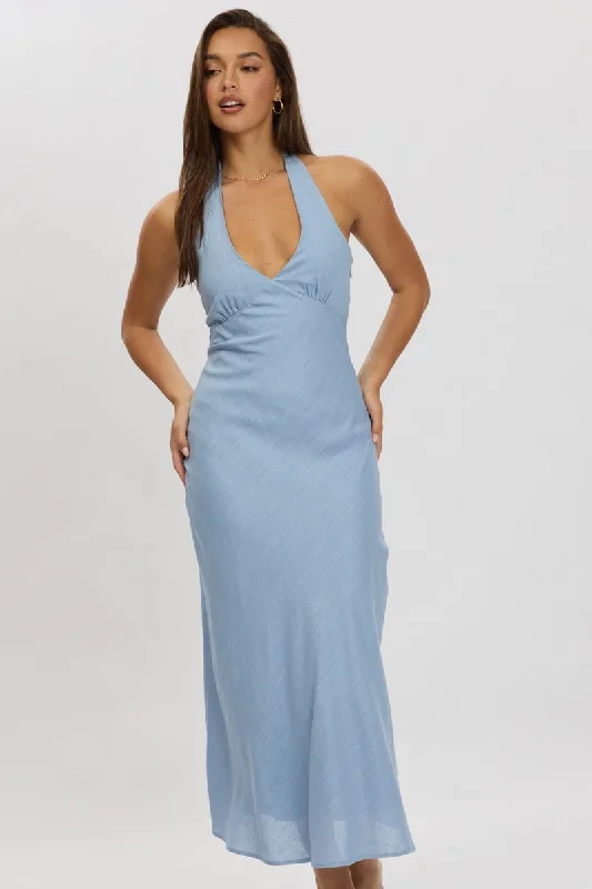 Blue Midi Dress Halter Neck