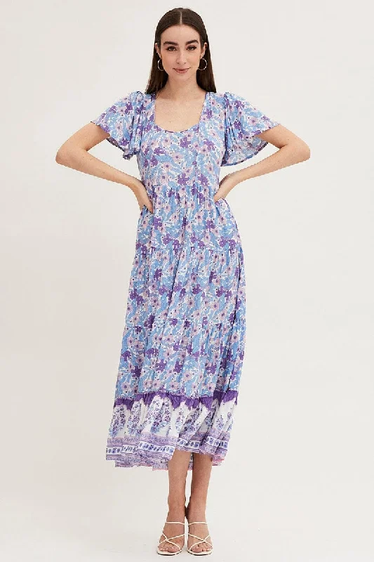 Boho Print Hem Frill Dress Short Sleeve Maxi Square Neck