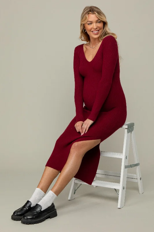 Burgundy Ribbed Knit Side Slit Maternity Midi Dress