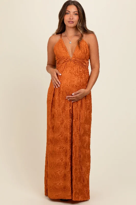 Camel Deep V-Neck Textured Satin Maternity Maxi Dress