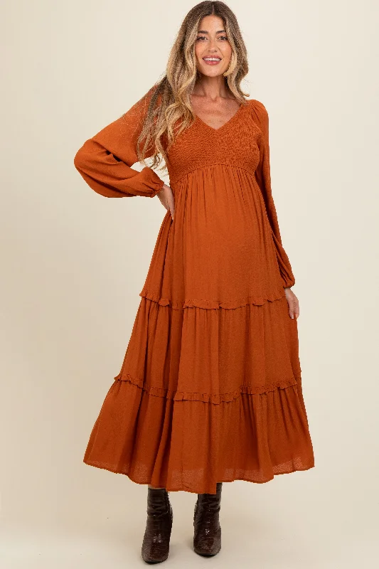 Camel Smocked Tiered Maternity Midi Dress