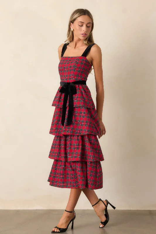 Elegance Defined 100% Cotton Red Plaid Tiered Midi Dress