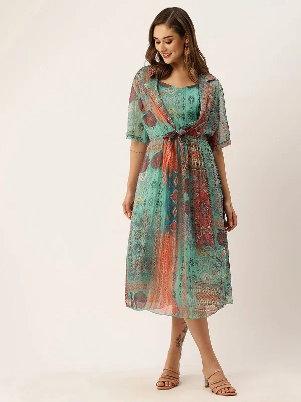 Odette Women Exclusive Chiffon Printed Multicolor Fit & Flare Ethnic Dress