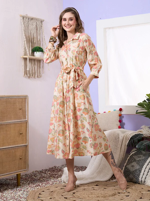 Odette Women Exclusive Chanderi Silk Printed Beige A-Line Dress