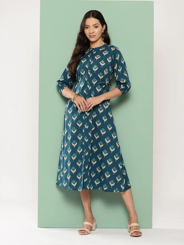 Odette Women Exclusive Mandarin Collar Cotton Half Sleeve Blue A-Line Dress