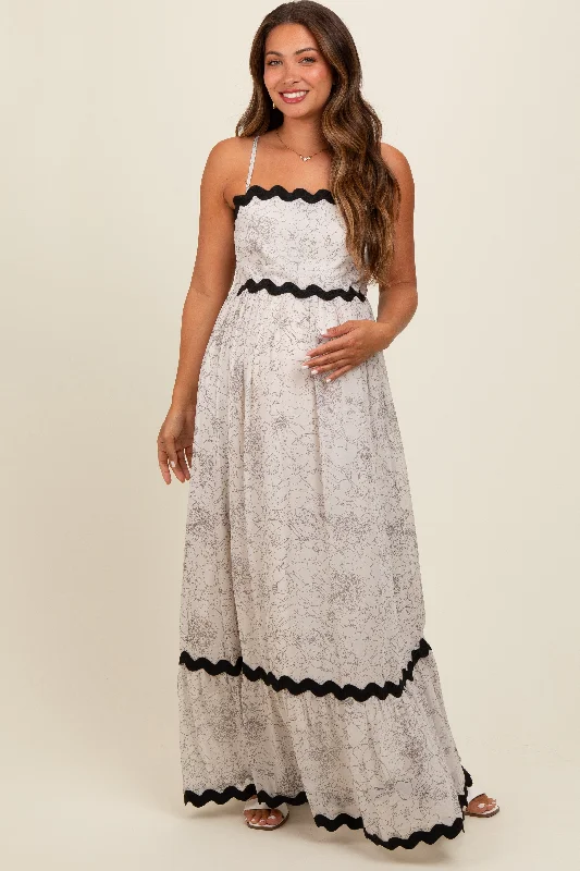 Ivory Floral Contrast Trim Maternity Maxi Dress