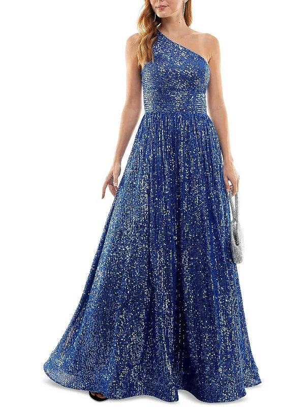 Juniors Womens Sequined Cold Shoulder Evening Dress