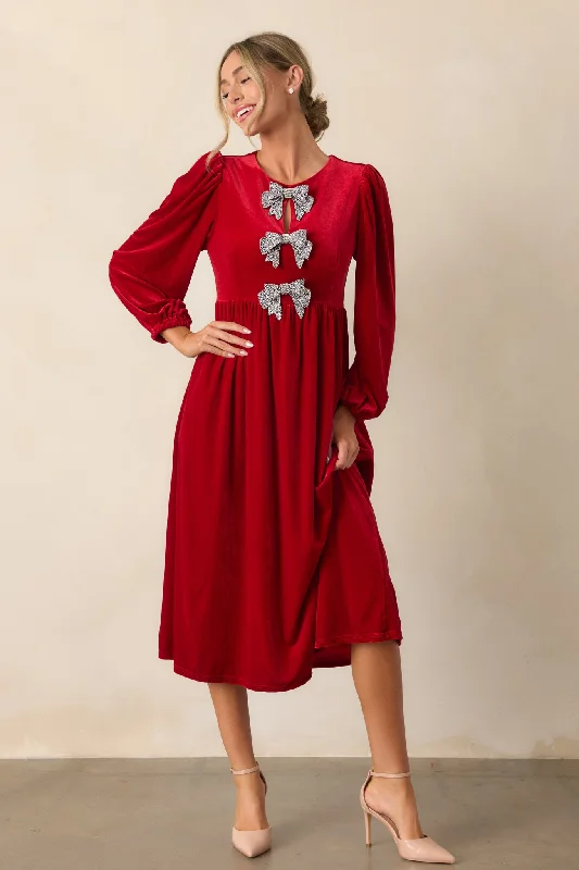 Moments To Treasure Red Velvet Midi Dress