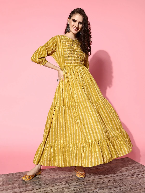 Odette Women Mustard Cotton Keyhole Ethnic Wear Dress