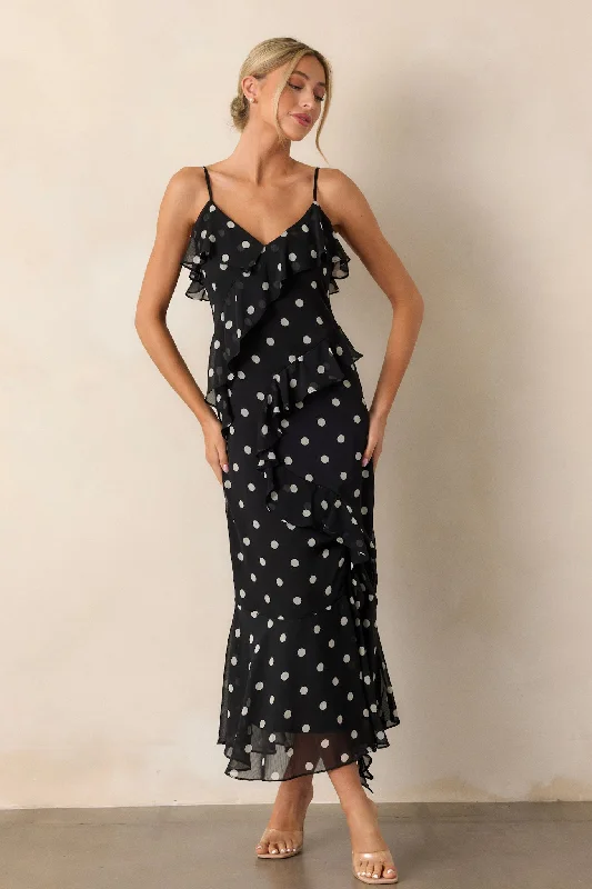 Mystic Moon Black Polka Dot Ruffle Maxi Dress