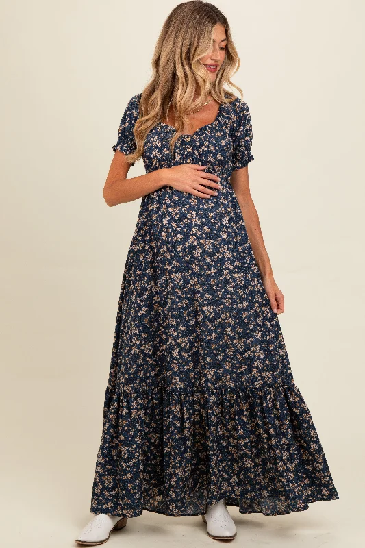 Navy Blue Floral Button Accent Maternity Maxi Dress