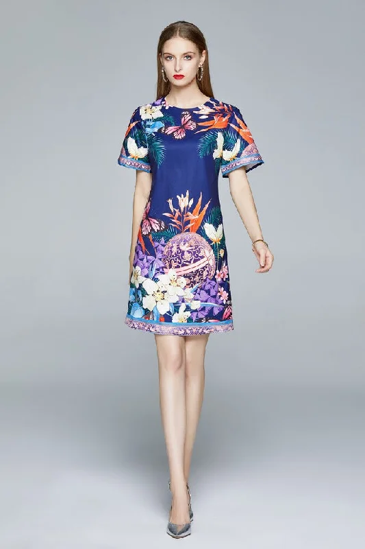 Navy & Multicolor floral print Day A-line Crewneck Short Sleeve Short Printed Dress