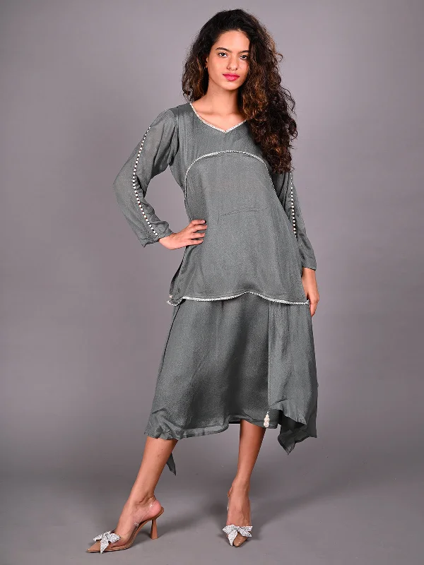 Odette Dark Grey Pearl and Stone Embroidered Crepe Dress for Women