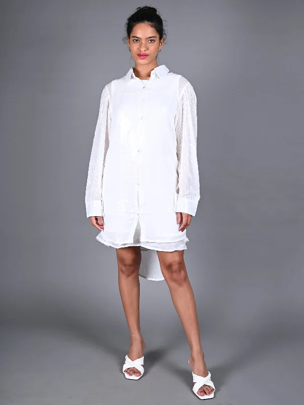 Odette White Shirt Style Sequins Embroidered Crepe Dress for Women