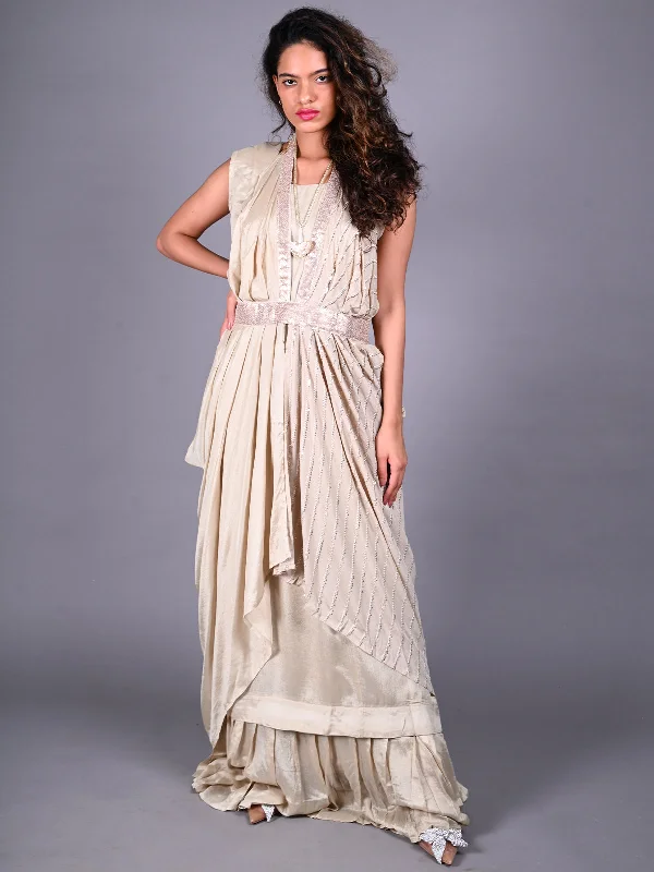 Odette Women Beige Crepe Dress with Sequins Embroidered Shrug