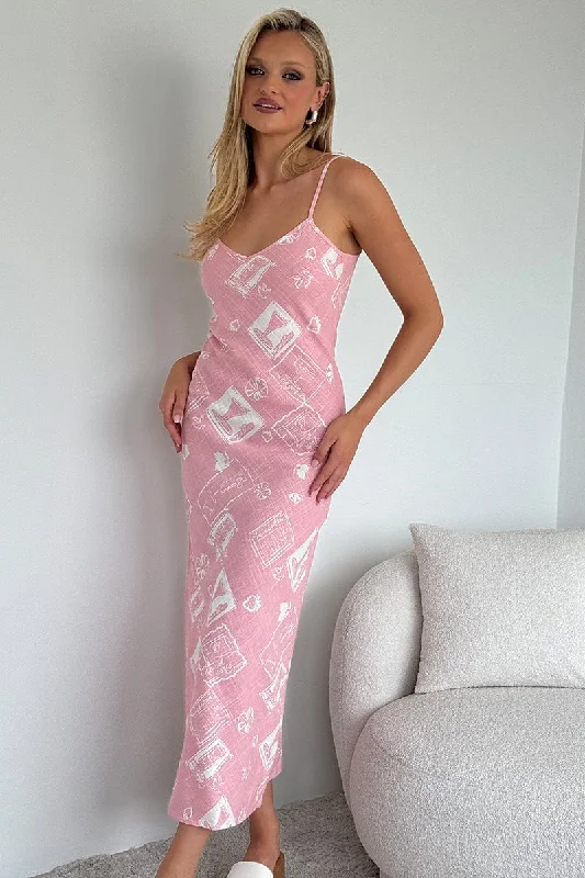 Pink Abstract Maxi Dress Bias Cut