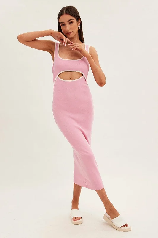 Pink Knit Dress Midi Sleeveless Contrast Binding