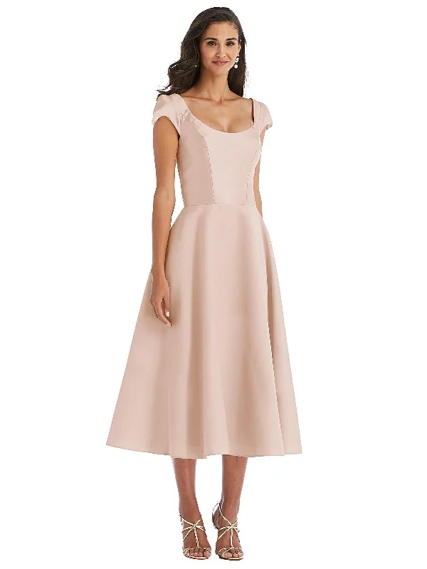 Puff Cap Sleeve Full Skirt Satin Midi Dress