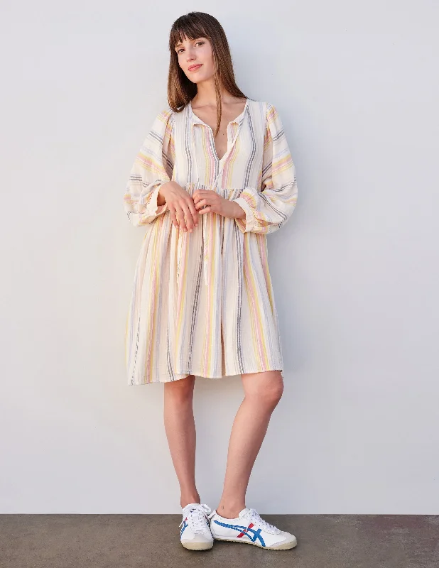 Sundry Midi Blouson Sleeve Dress in Cream/Multi Stripes