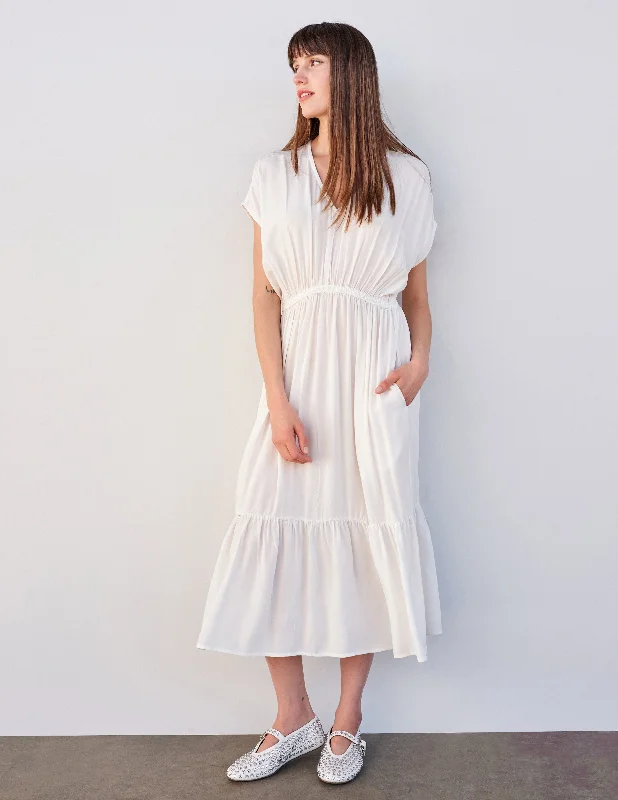 Sundry Midi Dress with Ruffle in Cream