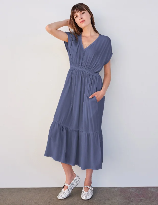 Sundry Midi Dress with Ruffle in Navy