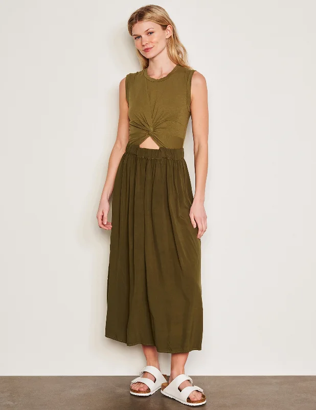 Sundry Midi Mixed Media Dress in Olive