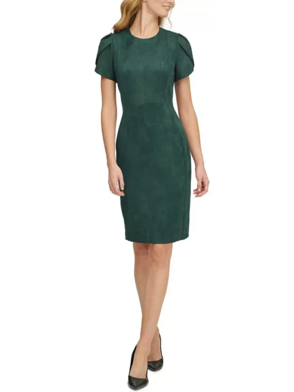 Womens Faux-Suede Knee Sheath Dress