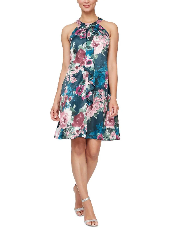 Womens Floral Knee Halter Dress