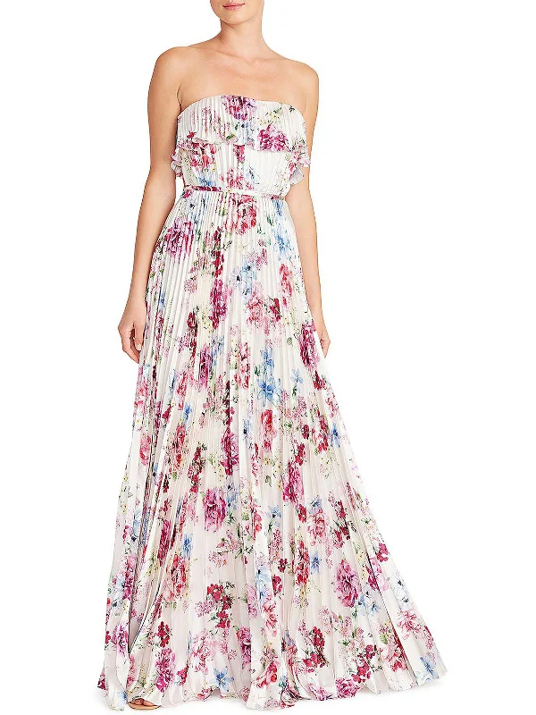 Womens Satin Floral Print Evening Dress