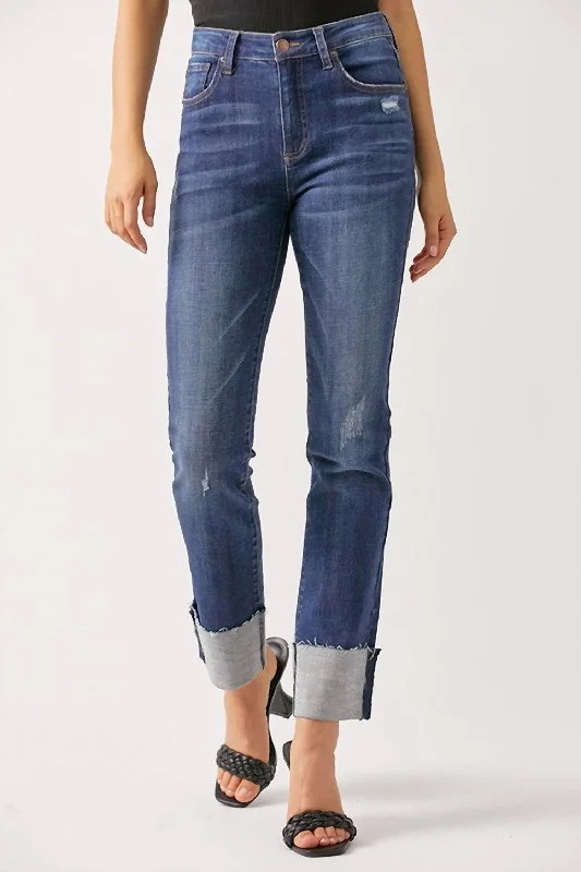 Mid Rise Boyfriend Cuffed Jeans In Dark Wash